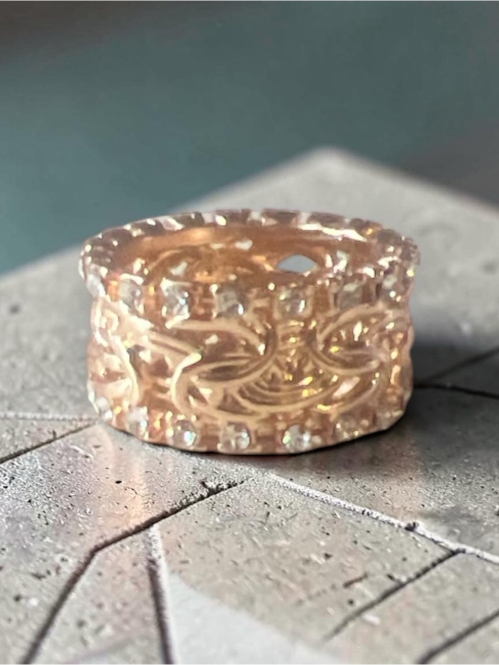 Rose Gold Crystal Accent Filigree Wide Band Ring